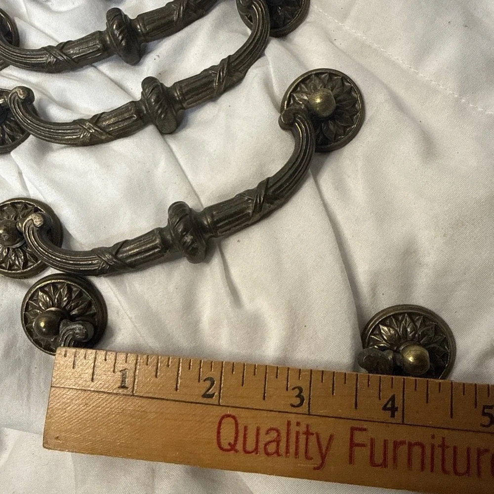 Lot vintage Drop bail dresser pulls Antique Brass Bronze Ornate 8 Handles 3 ring